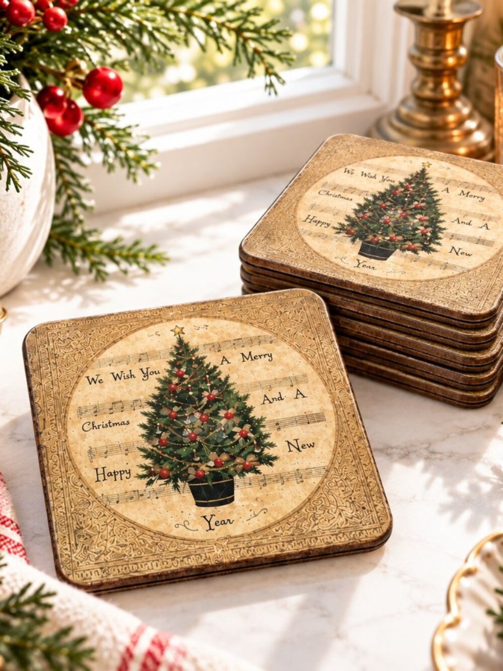 Vintage Christmas Tree Cork-Backed Coasters Set Of 6 Measures 4 Inches Made In E